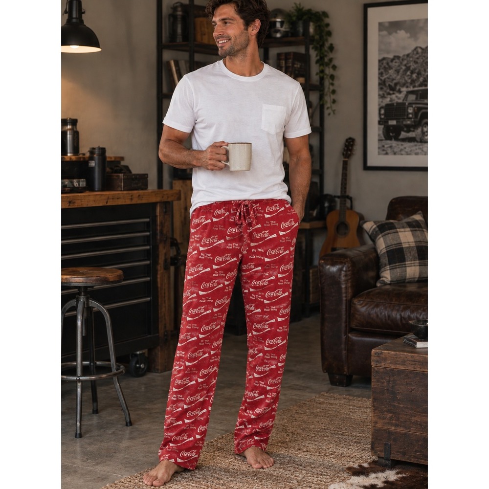 Coca-Cola Mens Red Cotton Lounge Pajama Pants All Over Print Logo Large 36-38